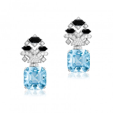 AQUAMARINE, ONYX AND DIAMOND EARRINGS